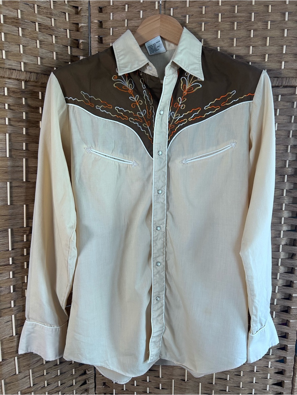 Vintage Embroidered Western Pearl Snap Shirt Jean Rive Cowboy Rodeo Brown Cream